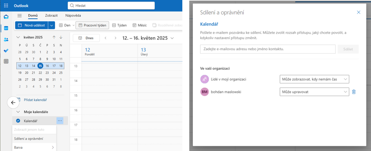 Kalendář nasdílení Outlook